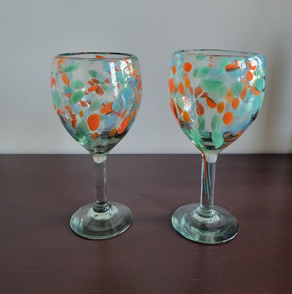 Novica Handblown Coral Teal Stemmed Wine Glasses from Mexico, Set of 2 - Picture 2 of 6